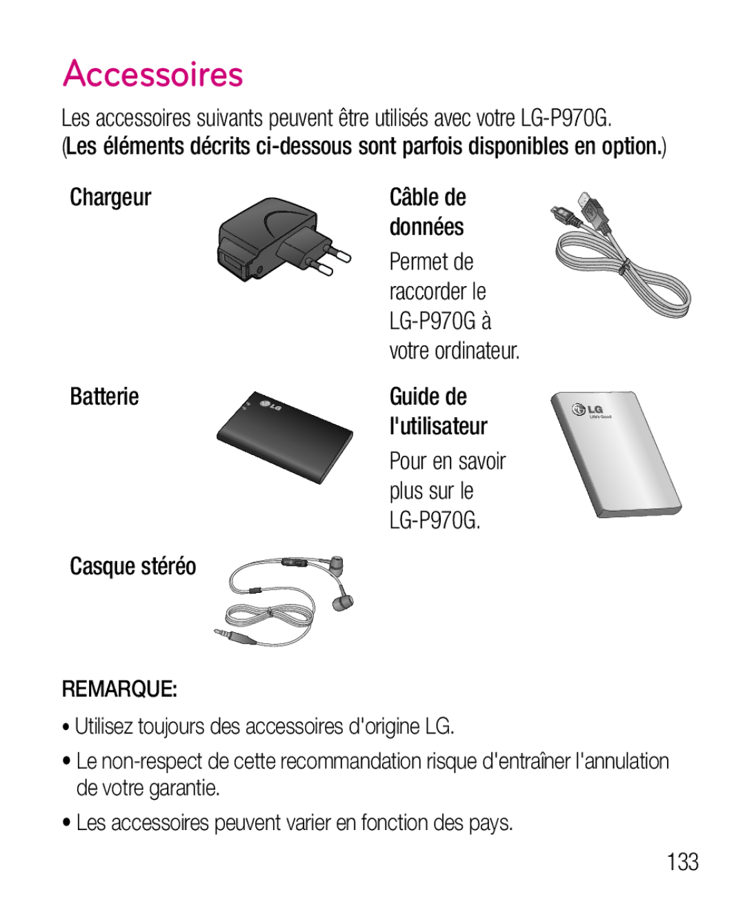 LG Electronics P970G manual Accessoires 