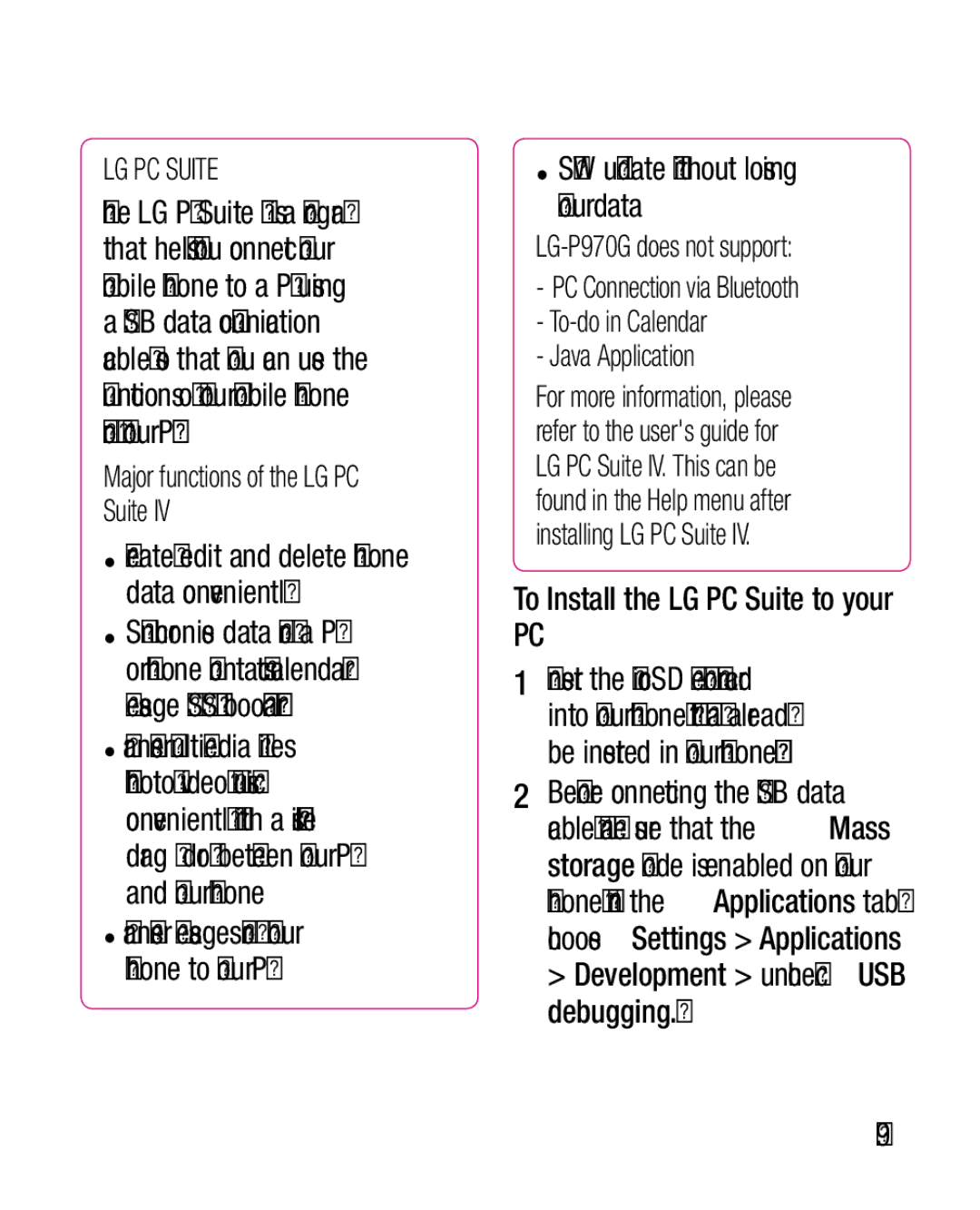 LG Electronics P970G manual Update without losing your data, Major functions of the LG PC Suite 