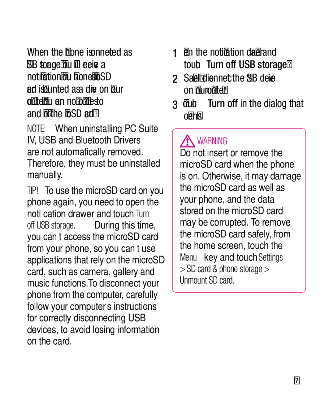 LG Electronics P970G manual Touch Turn off in the dialog that opens, Safely disconnect the USB device on your computer 