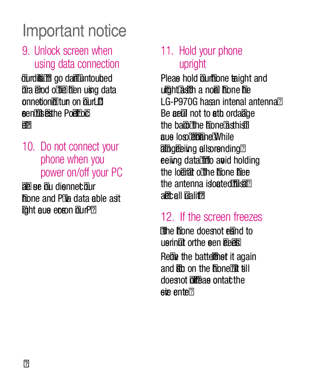 LG Electronics P970G manual Hold your phone upright, If the screen freezes, Unlock screen when using data connection 