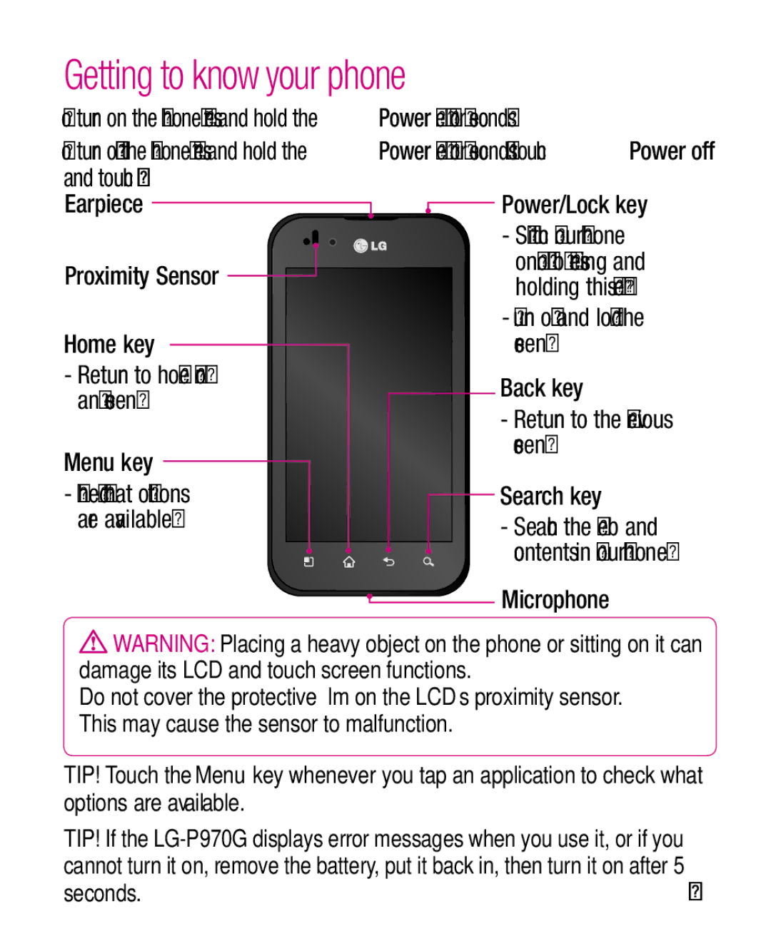 LG Electronics P970G manual Getting to know your phone 