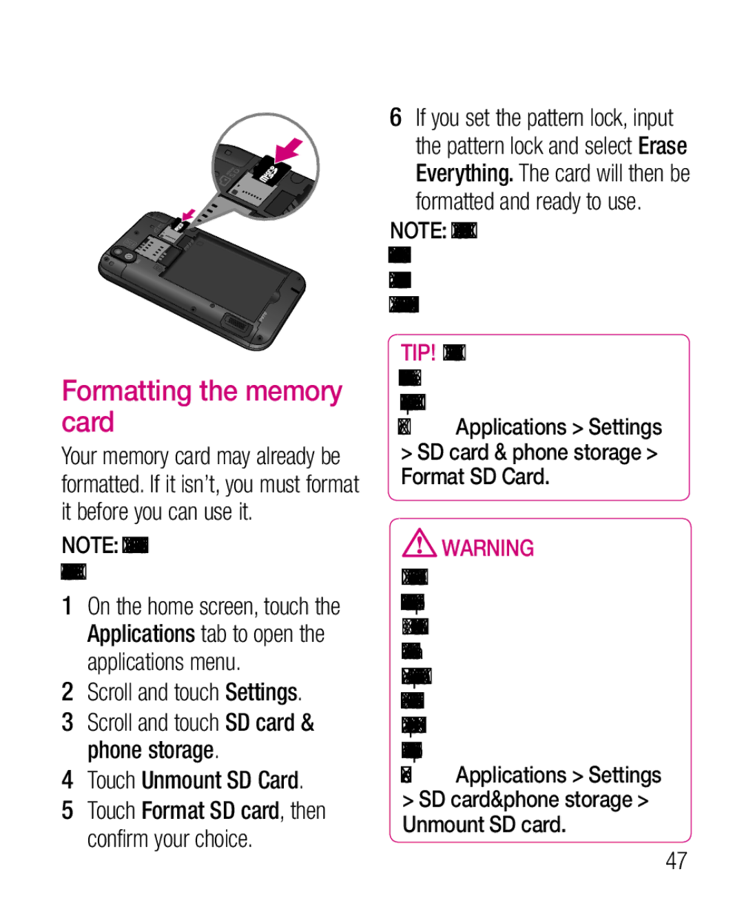 LG Electronics P970G manual Formatting the memory card, Scroll and touch Settings, Touch Unmount SD Card 