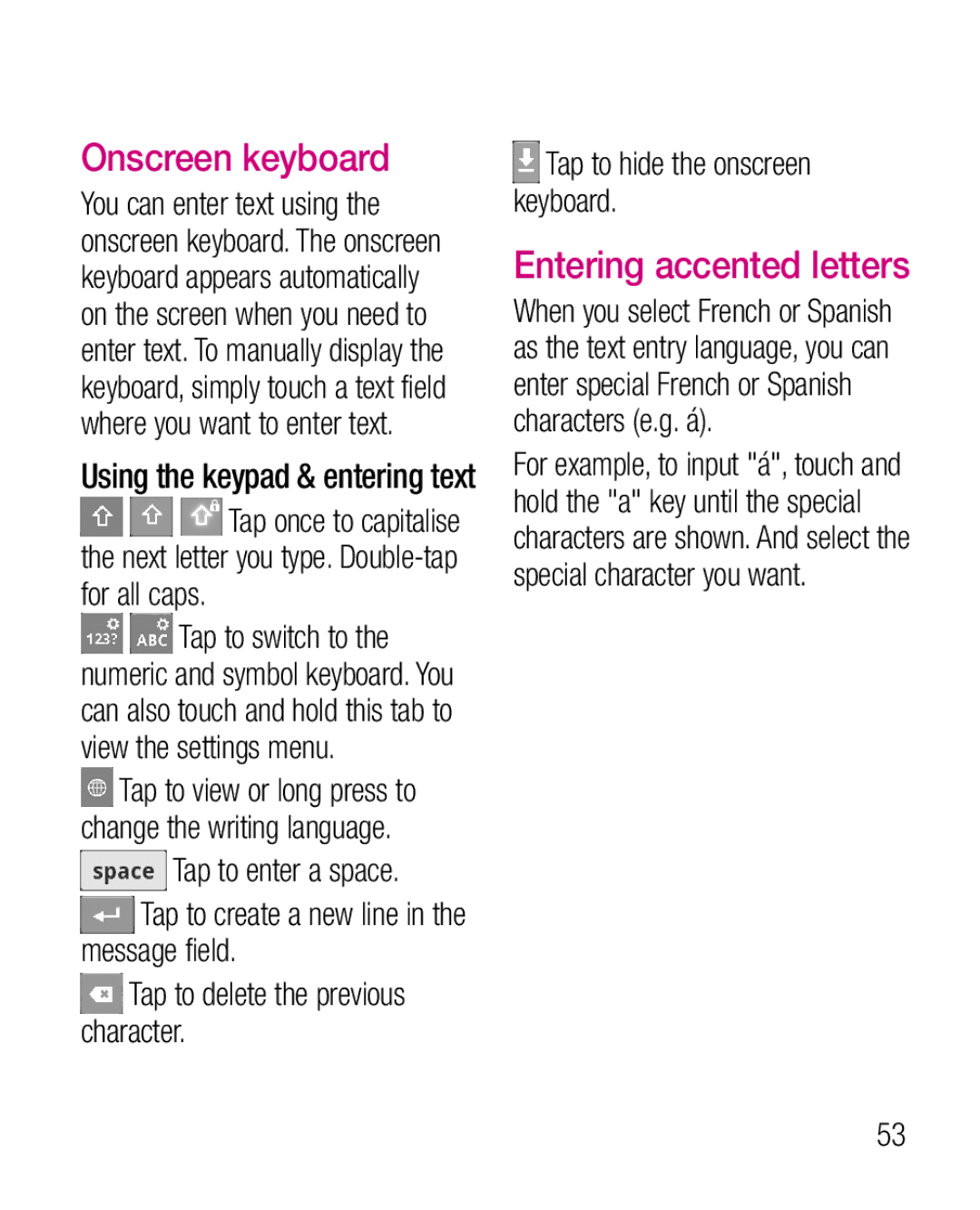 LG Electronics P970G manual Onscreen keyboard, Entering accented letters 