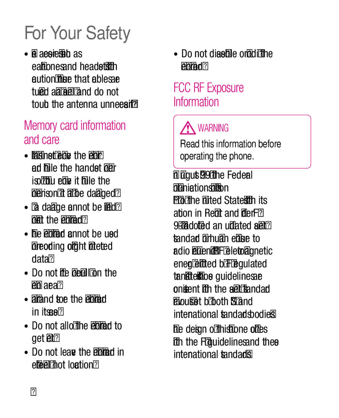 LG Electronics P970G manual Memory card information and care, FCC RF Exposure Information 