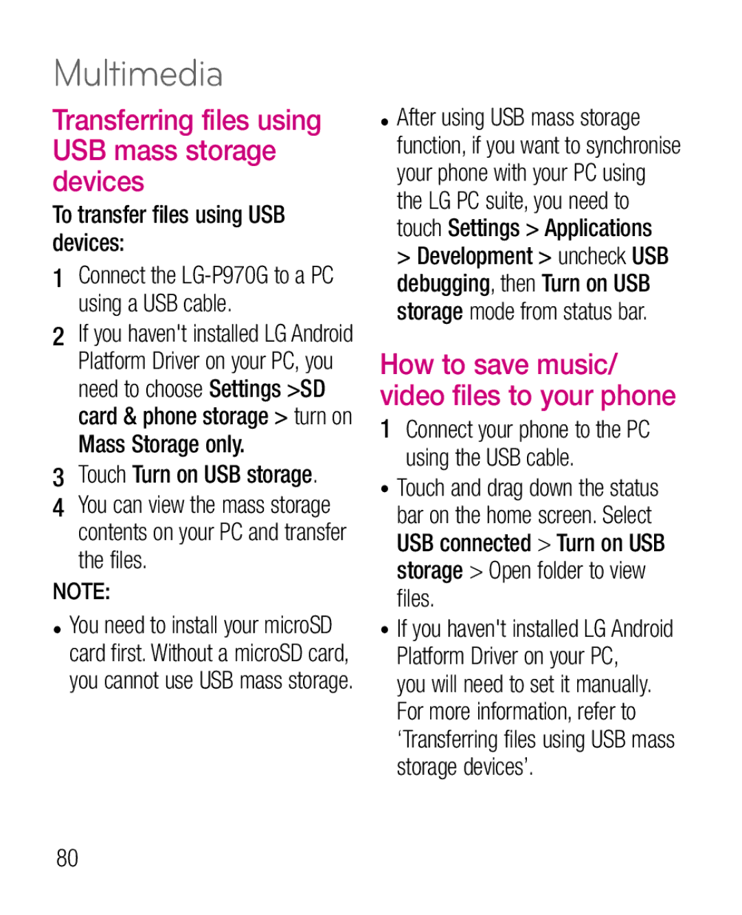 LG Electronics P970G manual Transferring files using USB mass storage devices, To transfer files using USB devices 