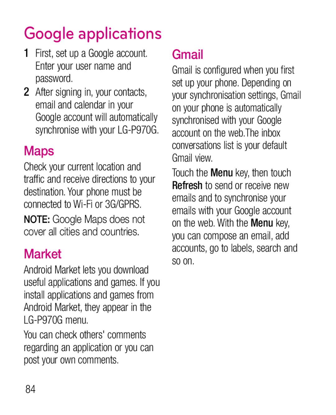 LG Electronics P970G manual Maps, Market, Gmail 