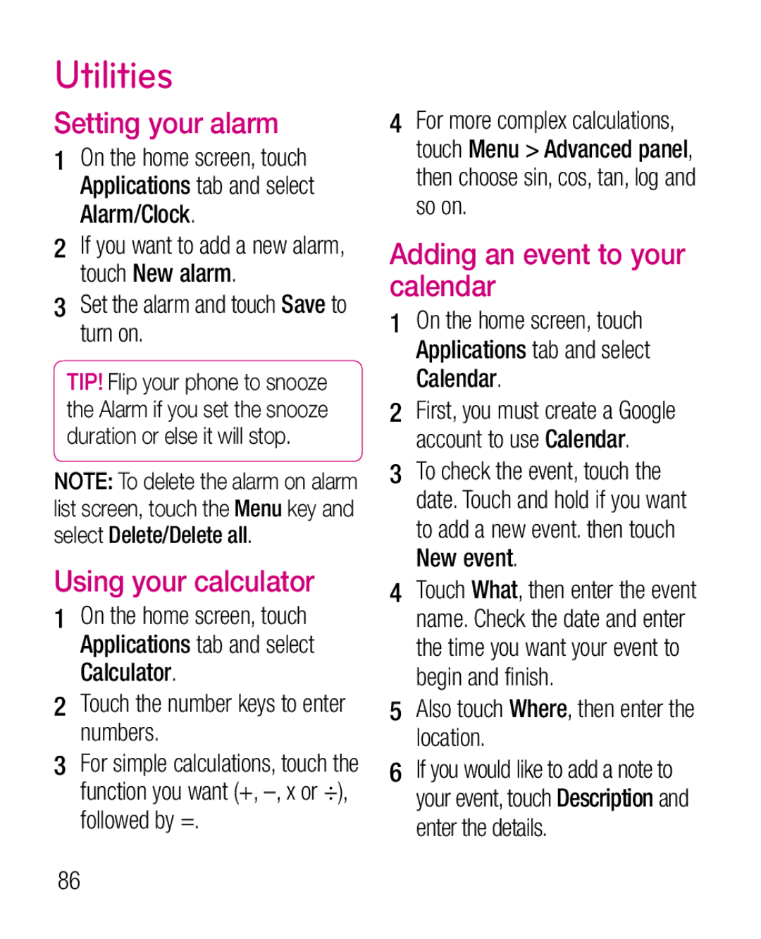 LG Electronics P970G manual Utilities, Setting your alarm, Using your calculator, Adding an event to your calendar 