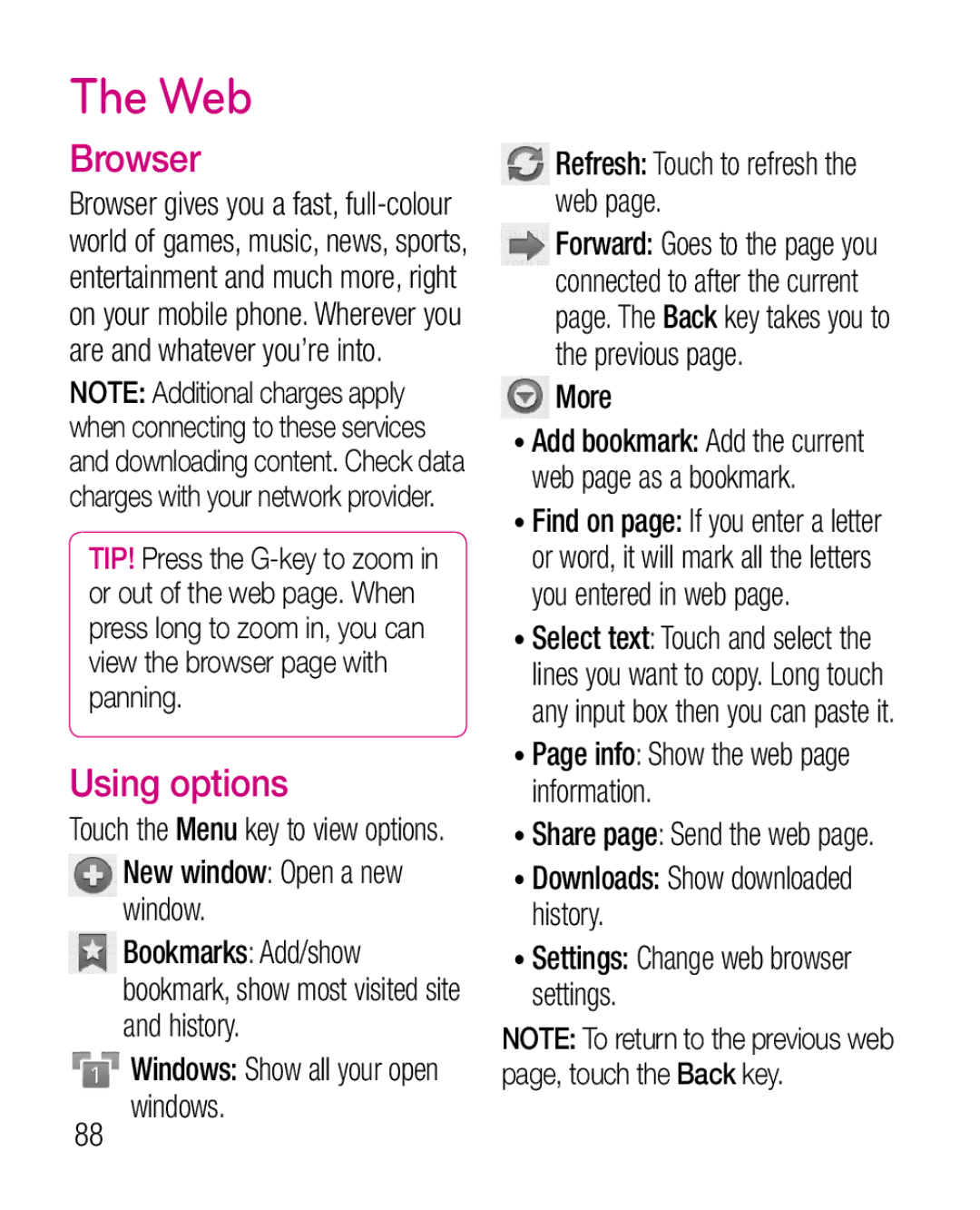 LG Electronics P970G manual Web, Browser, Using options, More, Info Show the web page information 