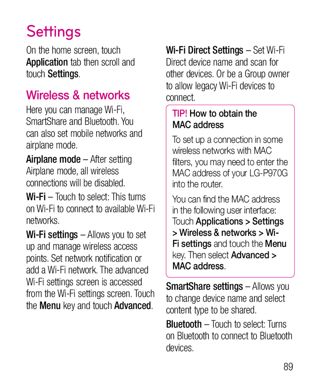 LG Electronics P970G manual Settings, Wireless & networks, TIP! How to obtain MAC address 