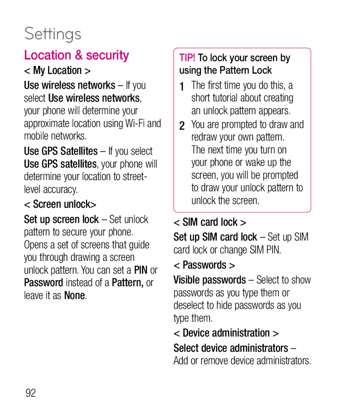 LG Electronics P970G manual Location & security 