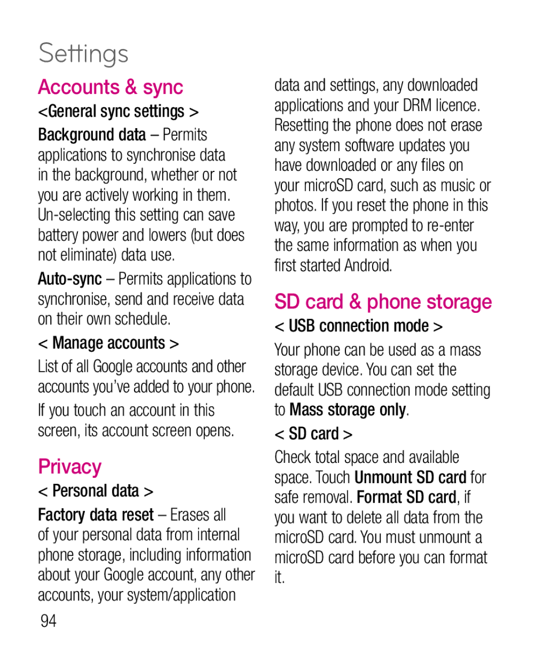 LG Electronics P970G manual Accounts & sync, Privacy, SD card & phone storage 