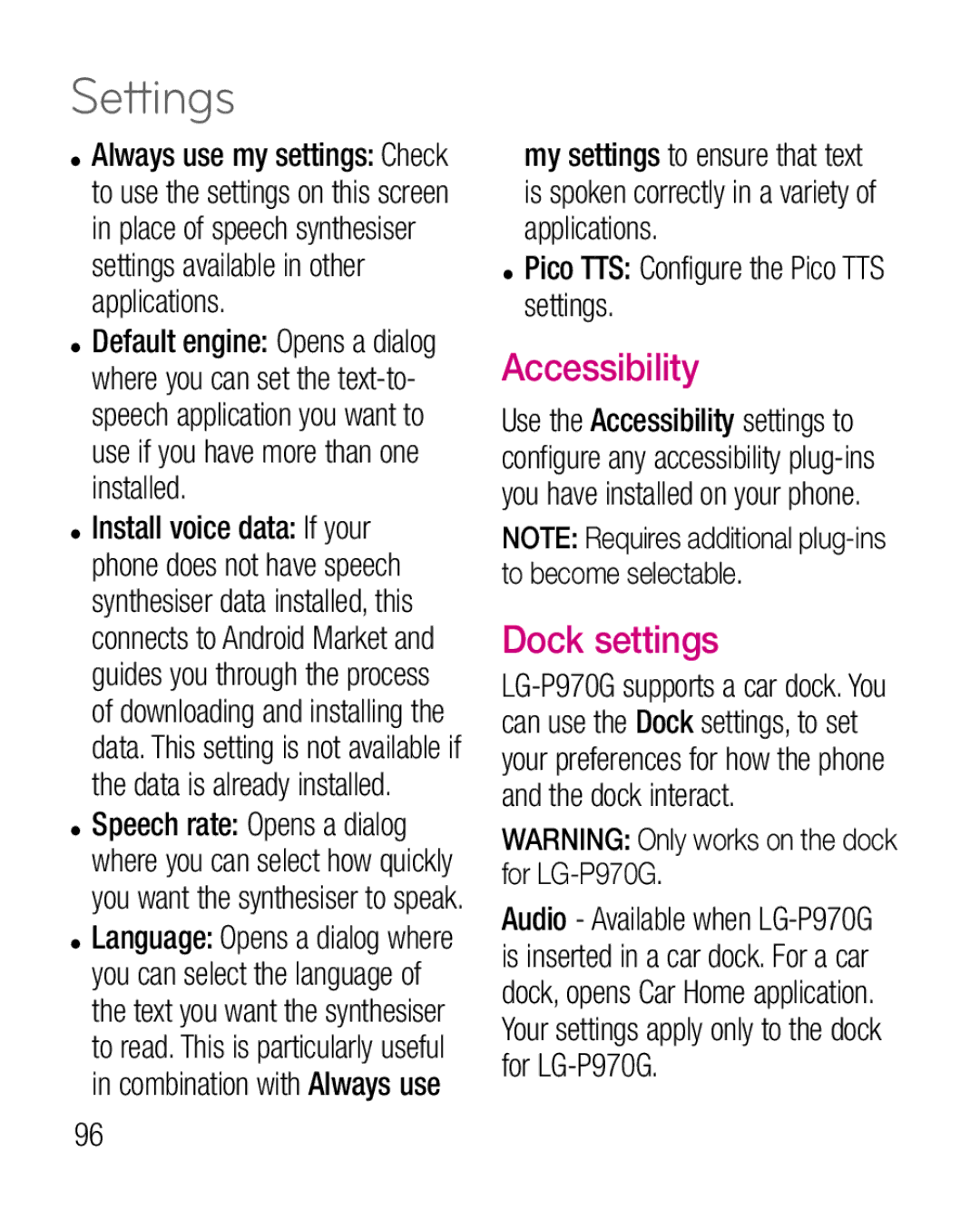 LG Electronics P970G manual Accessibility, Dock settings, Pico TTS Configure the Pico TTS settings 