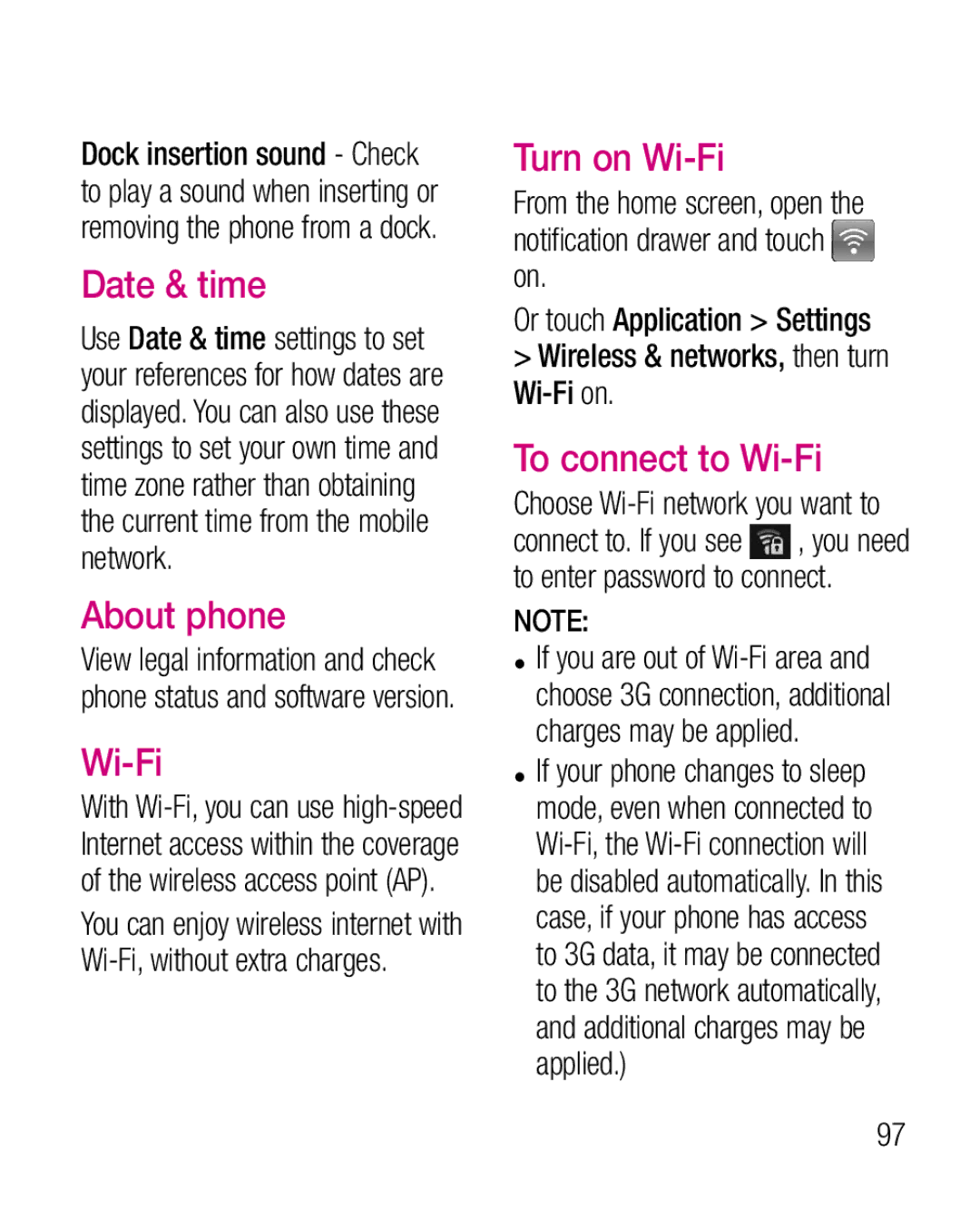 LG Electronics P970G manual Date & time, About phone, Turn on Wi-Fi, To connect to Wi-Fi 