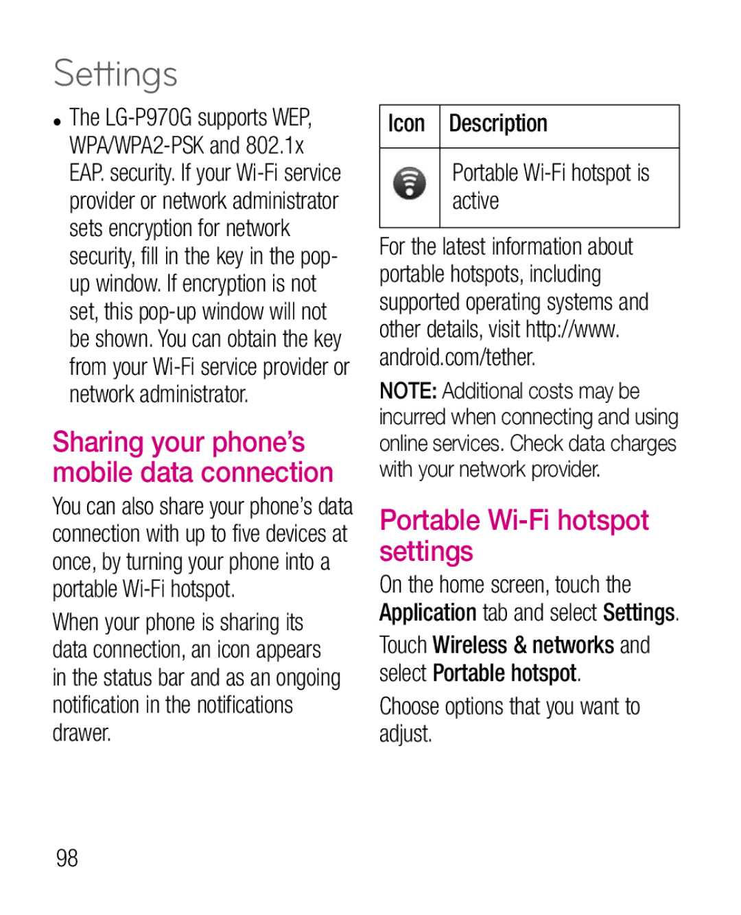 LG Electronics P970G manual Portable Wi-Fi hotspot settings, Sharing your phone’s mobile data connection 