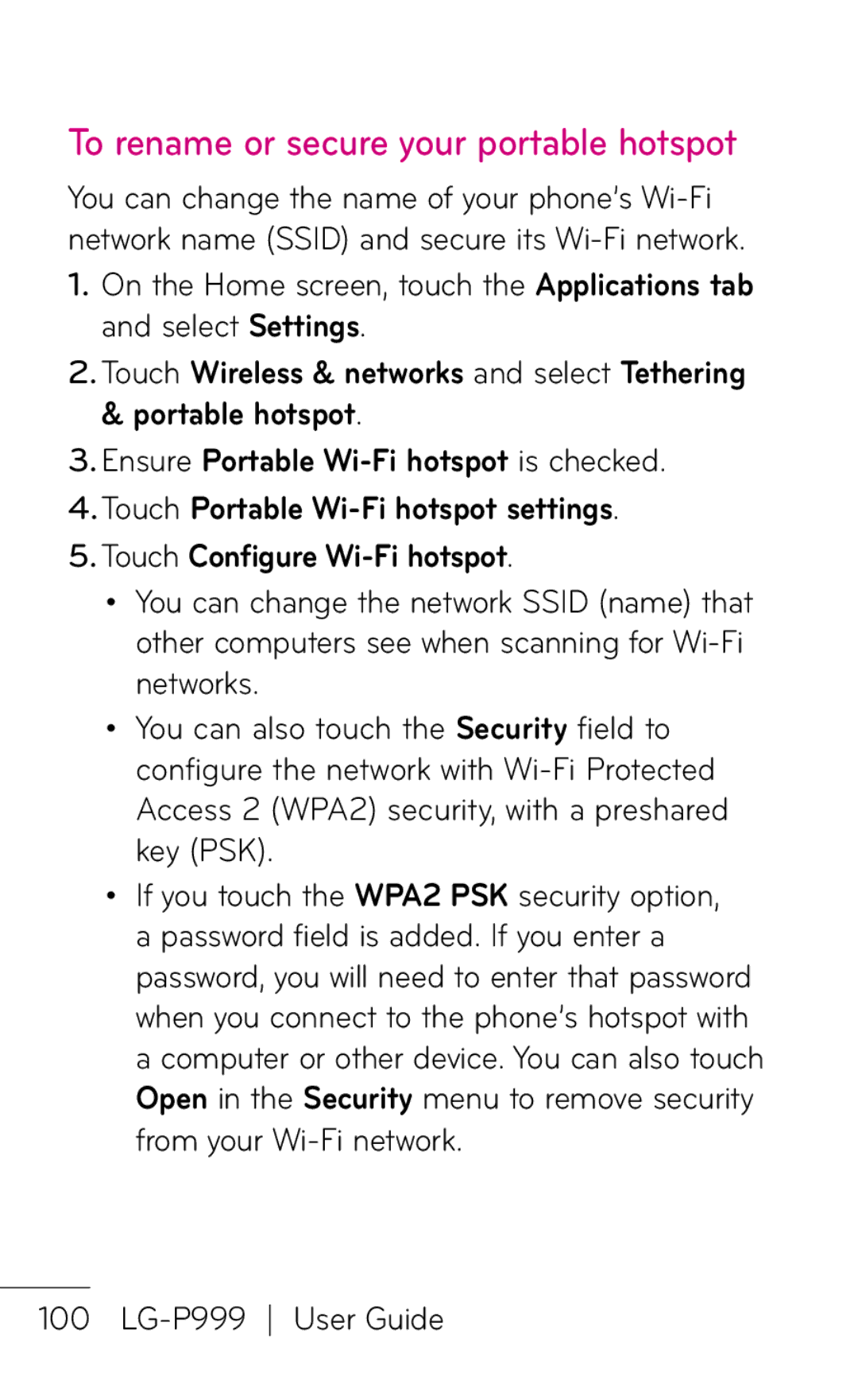 LG Electronics P999 manual To rename or secure your portable hotspot 