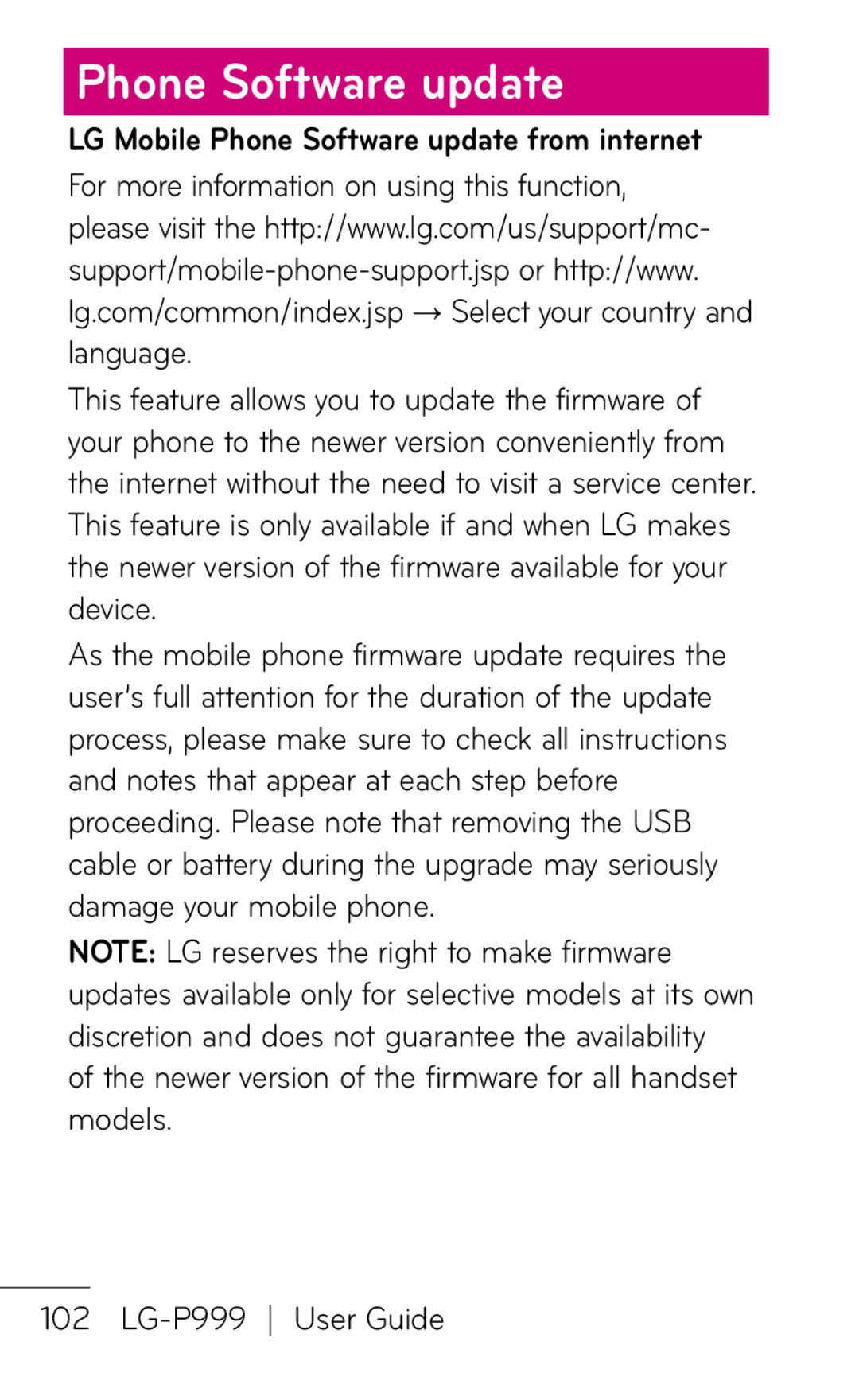 LG Electronics P999 manual LG Mobile Phone Software update from internet 