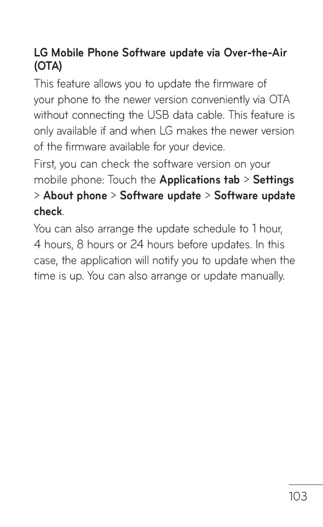 LG Electronics P999 manual LG Mobile Phone Software update via Over-the-Air OTA, 103 