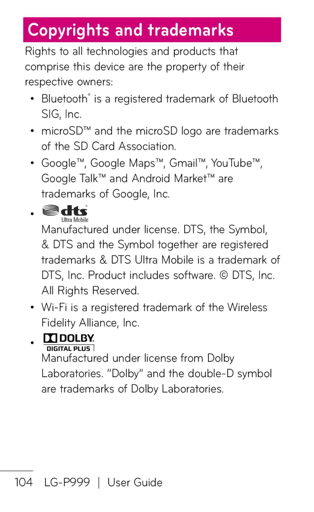 LG Electronics P999 manual Copyrights and trademarks 