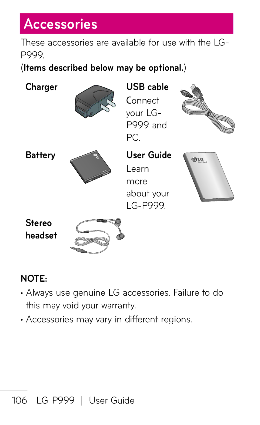 LG Electronics P999 manual Accessories 