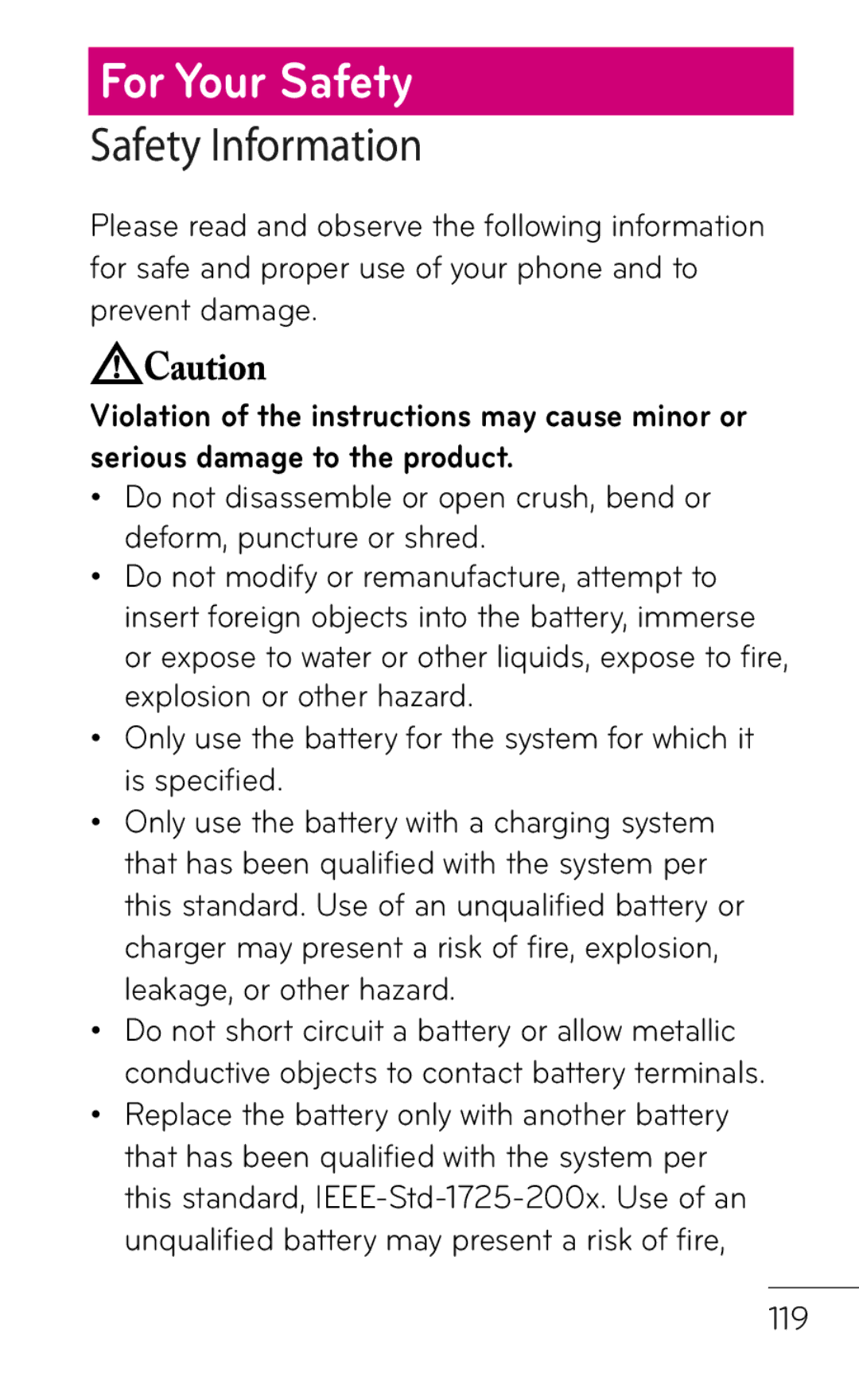 LG Electronics P999 manual For Your Safety, 119 