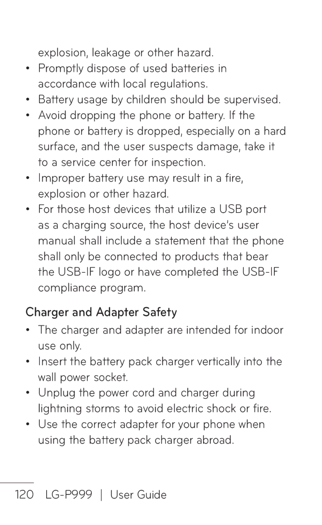 LG Electronics P999 manual Charger and Adapter Safety, Explosion, leakage or other hazard 