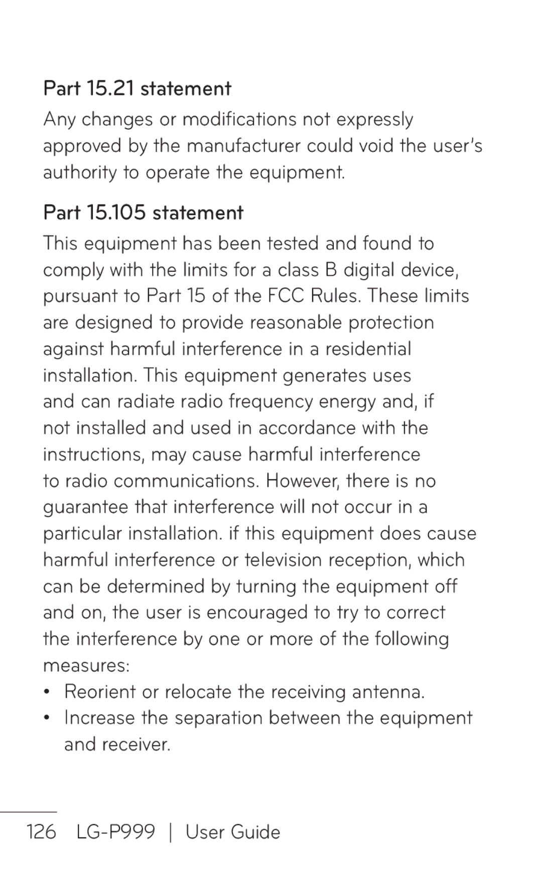 LG Electronics P999 manual Part 15.21 statement, Part 15.105 statement 