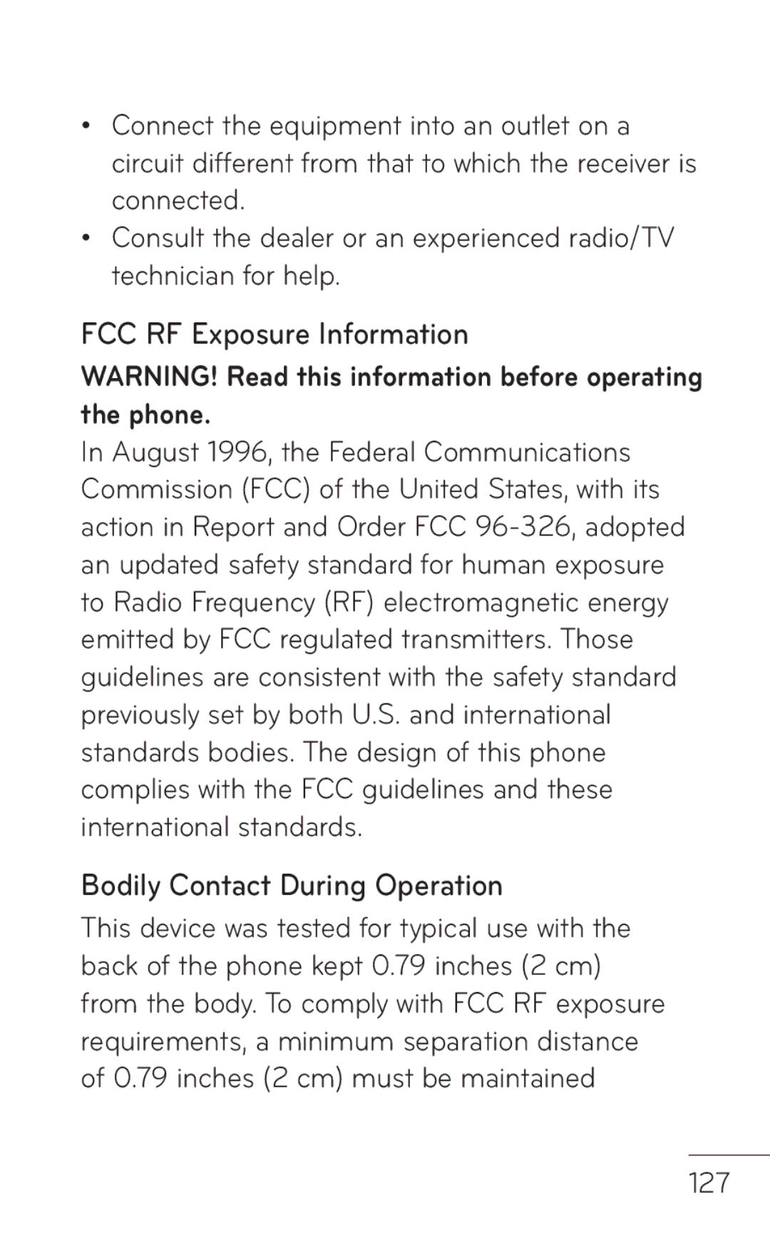 LG Electronics P999 manual FCC RF Exposure Information, Bodily Contact During Operation, 127 