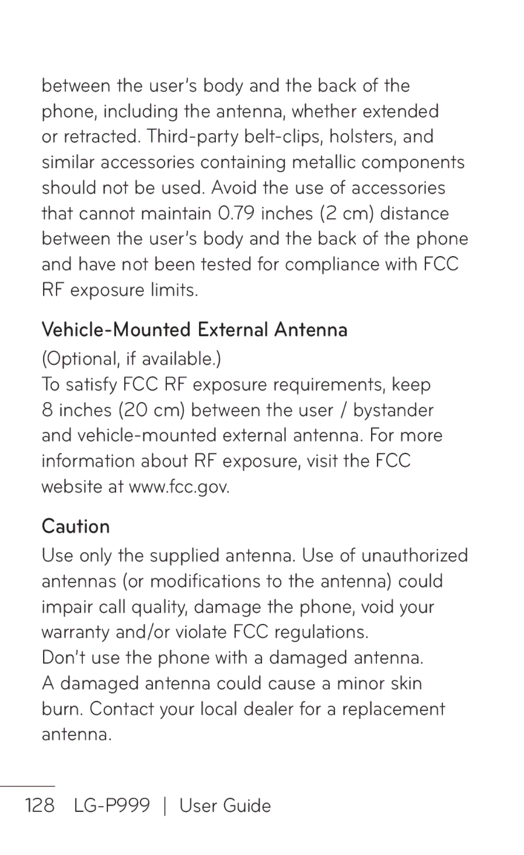 LG Electronics P999 manual Vehicle-Mounted External Antenna, Optional, if available 