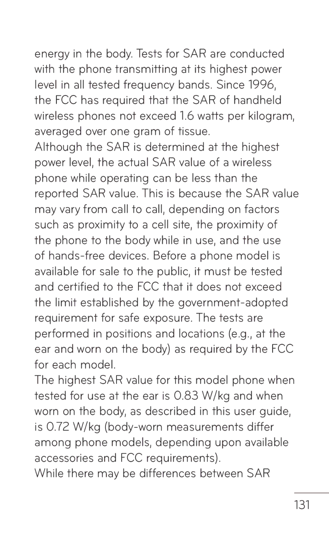 LG Electronics P999 manual While there may be differences between SAR 131 