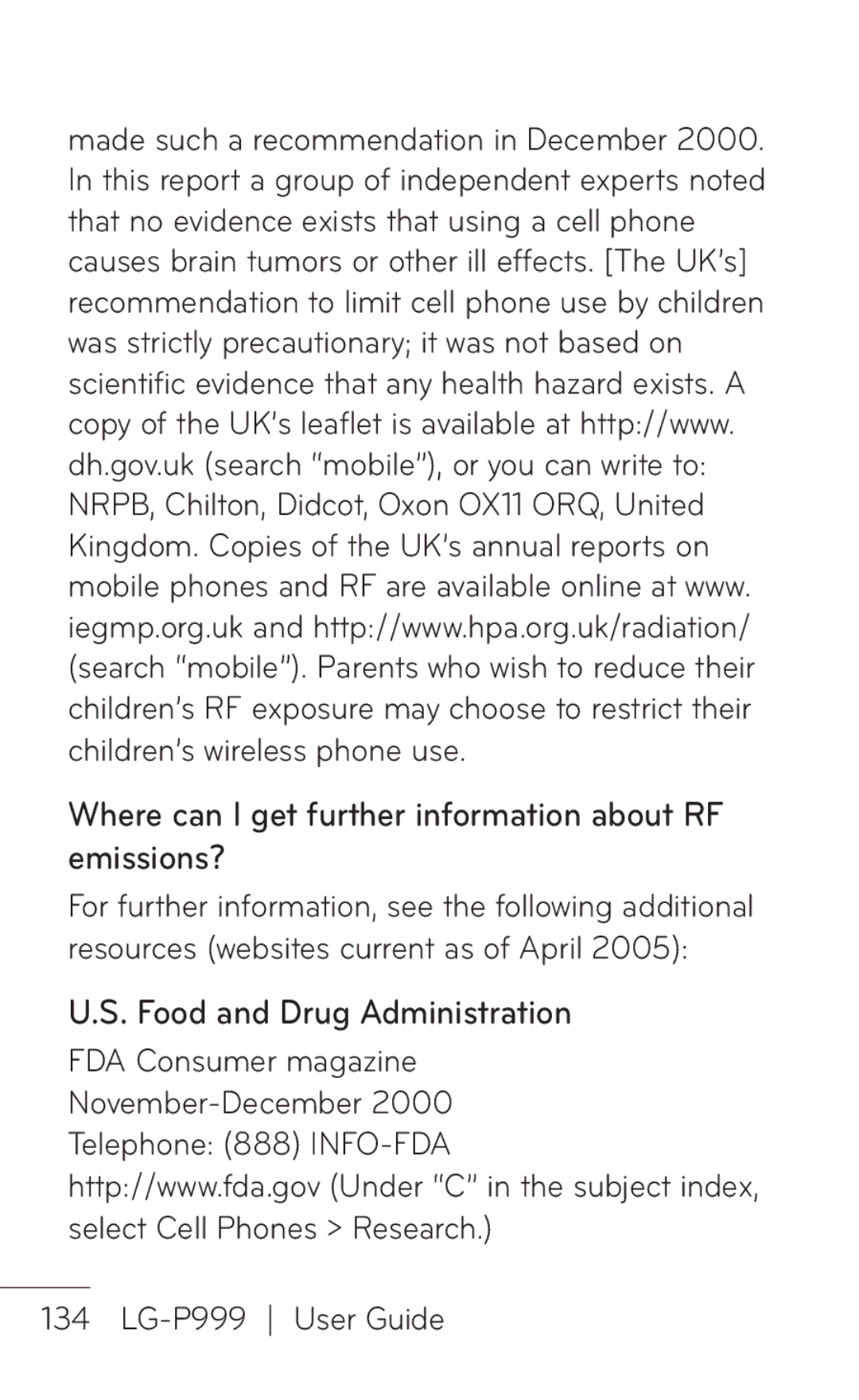 LG Electronics P999 manual Where can I get further information about RF emissions?, Food and Drug Administration 