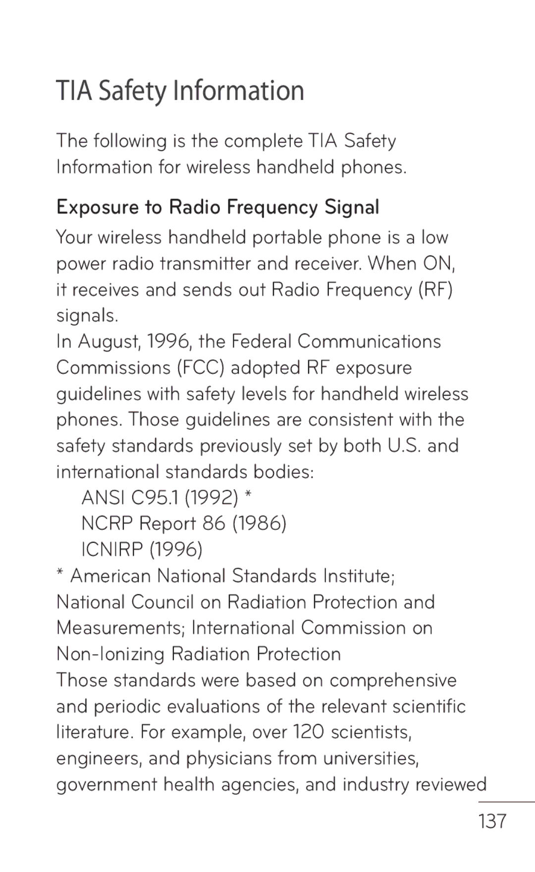 LG Electronics P999 manual Exposure to Radio Frequency Signal, Ansi C95.1 1992 * Ncrp Report 86 1986 Icnirp, 137 