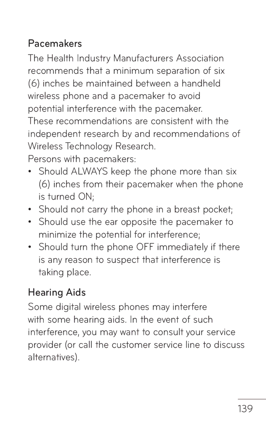 LG Electronics P999 manual Pacemakers, Hearing Aids 