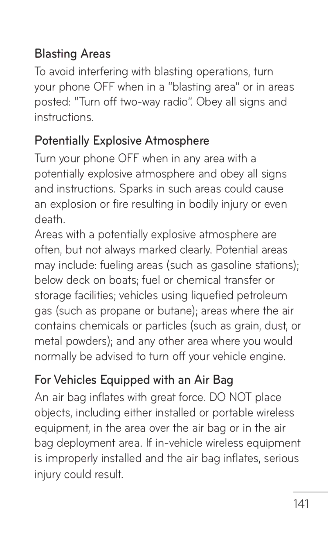 LG Electronics P999 manual Blasting Areas, Potentially Explosive Atmosphere, For Vehicles Equipped with an Air Bag, 141 