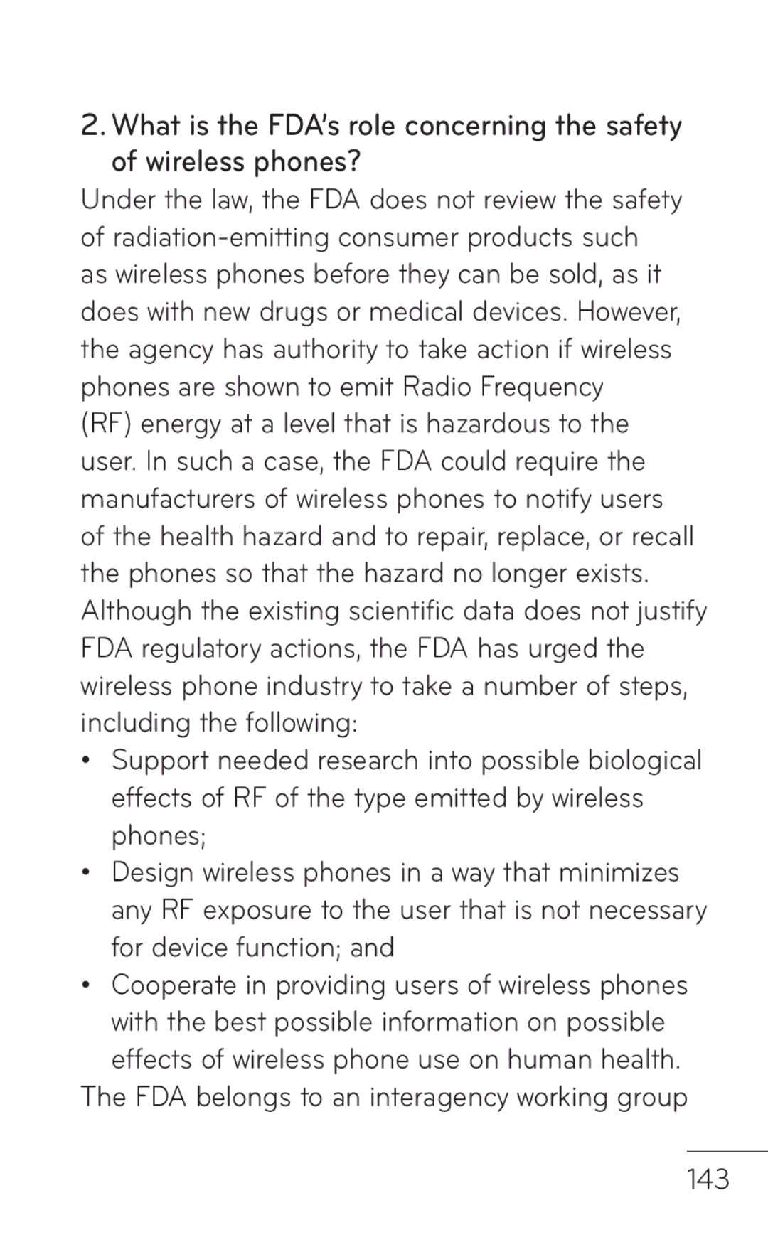 LG Electronics P999 manual FDA belongs to an interagency working group 143 