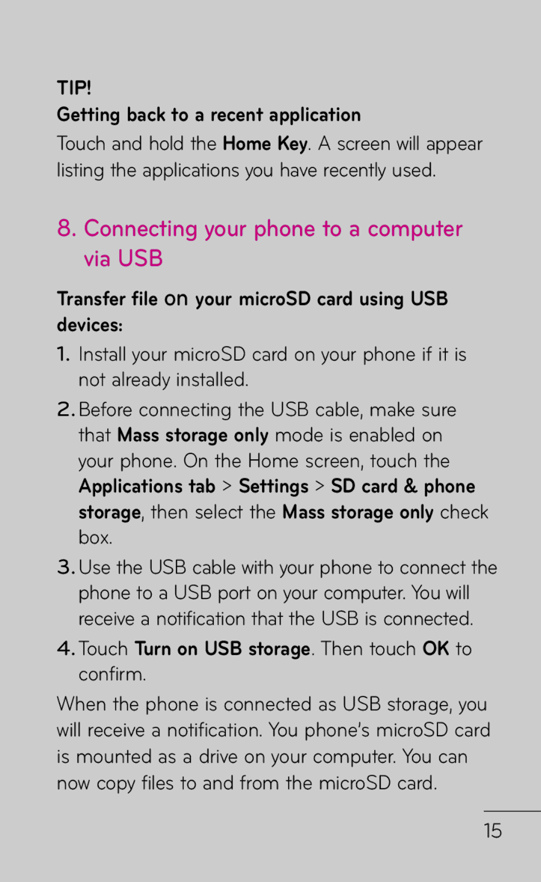 LG Electronics P999 manual Connecting your phone to a computer via USB, Getting back to a recent application 