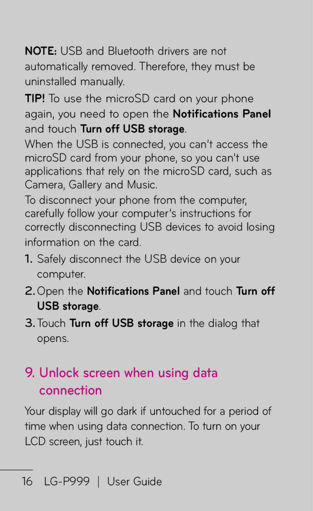 LG Electronics P999 manual Unlock screen when using data connection, Touch Turn off USB storage 