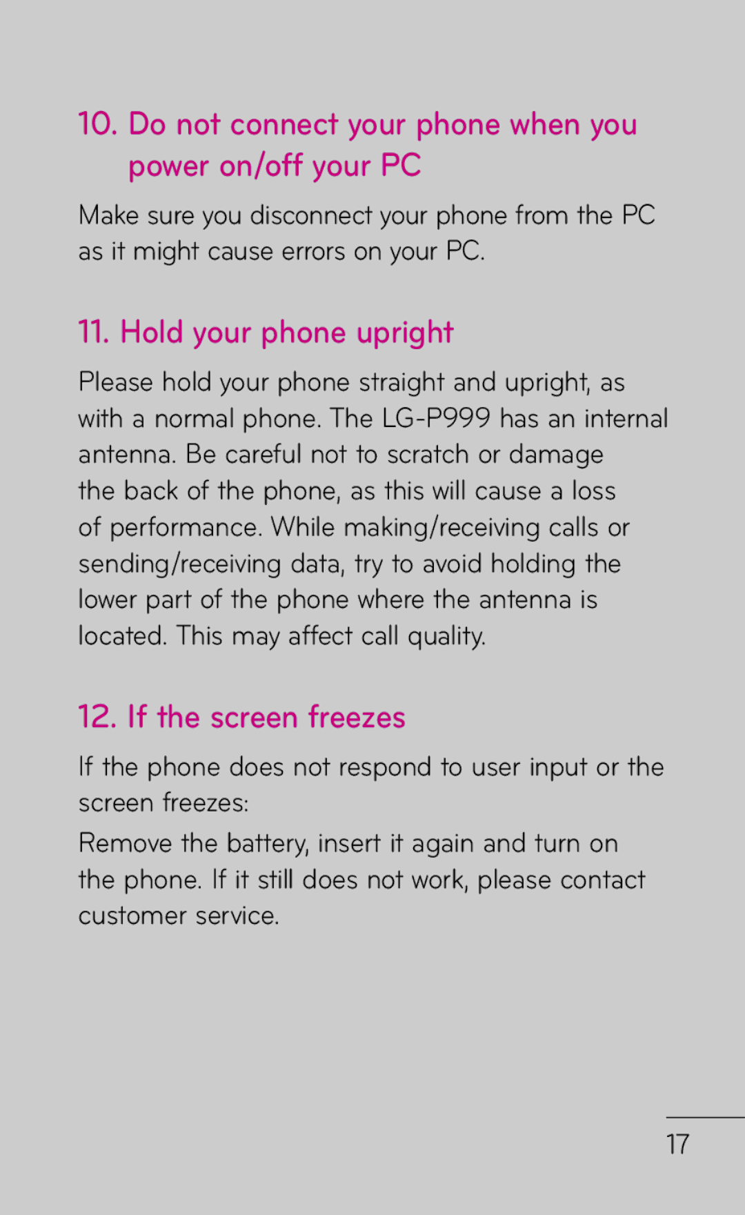 LG Electronics P999 manual Do not connect your phone when you power on/off your PC, Hold your phone upright 