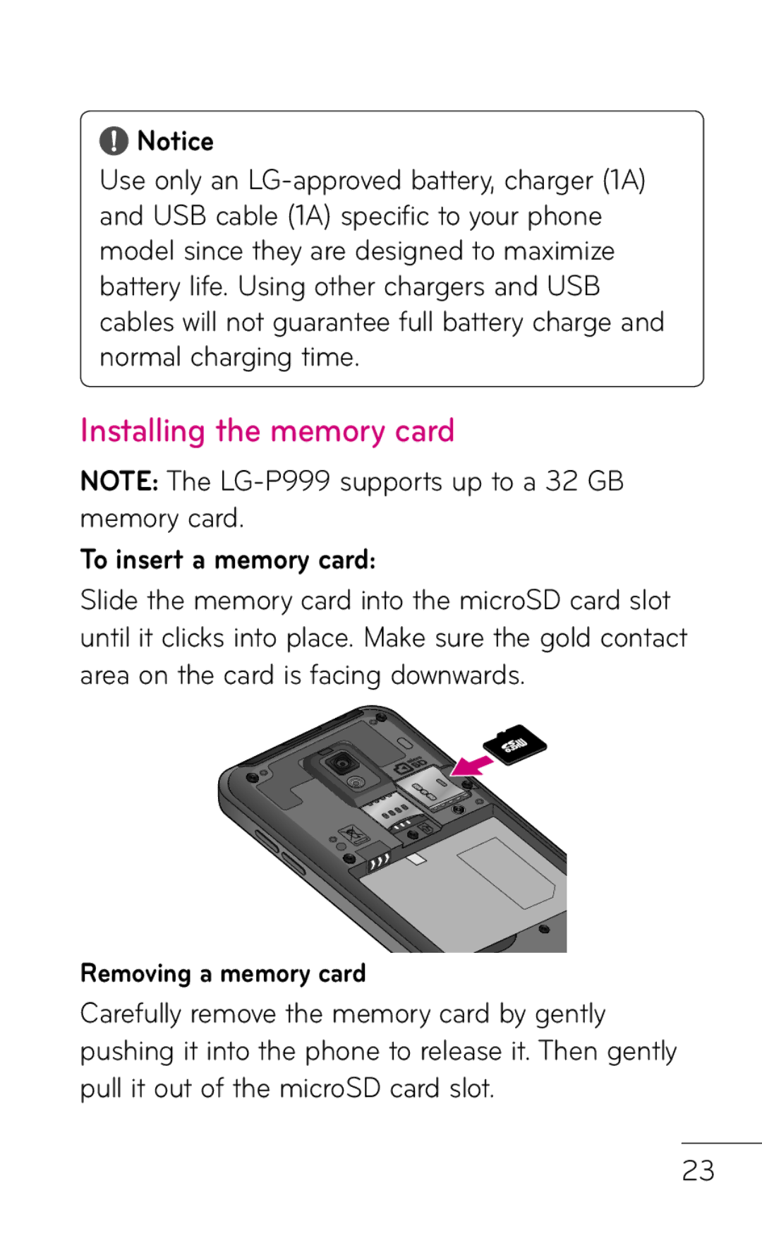 LG Electronics P999 manual Installing the memory card, To insert a memory card, Removing a memory card 