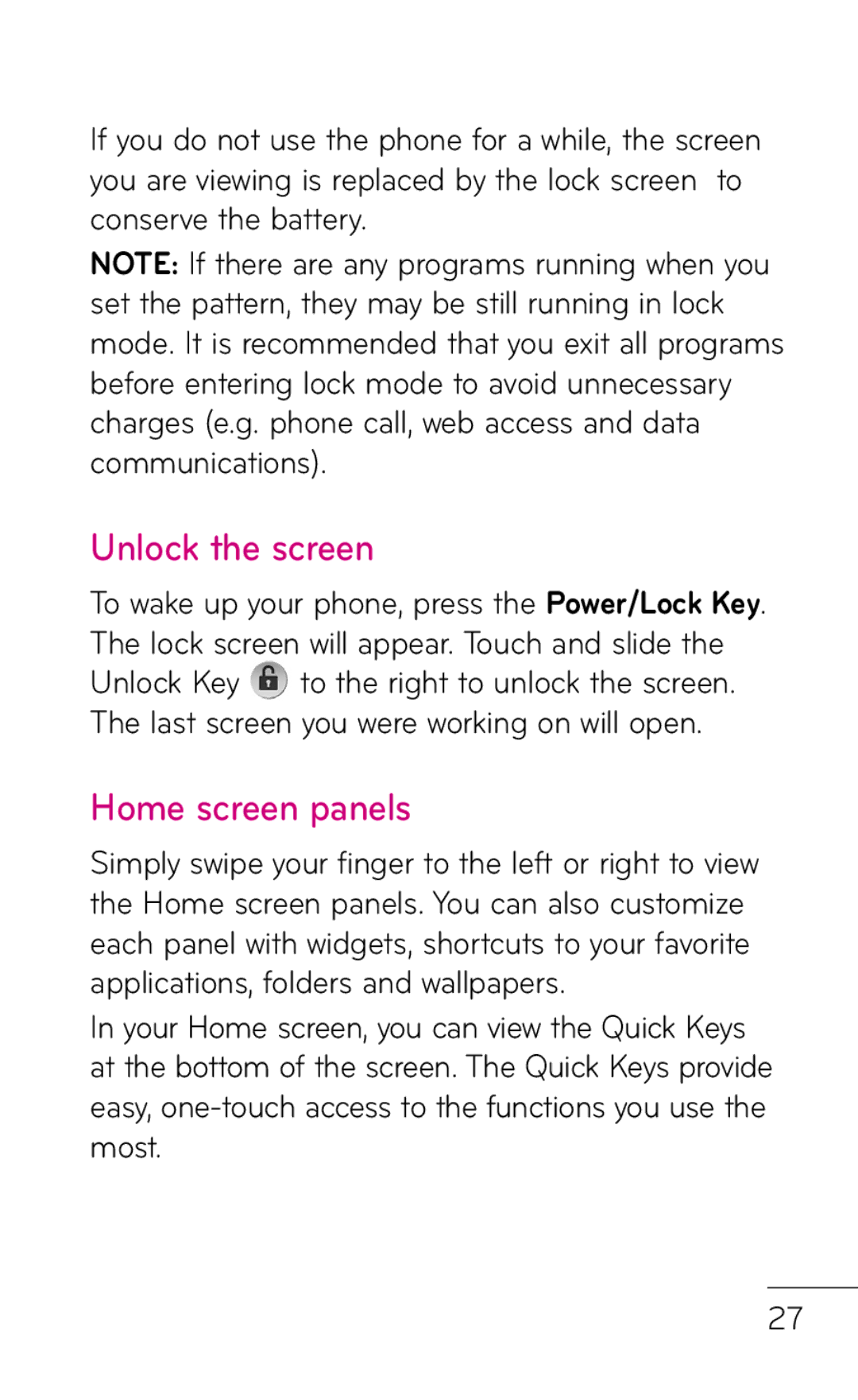 LG Electronics P999 manual Unlock the screen, Home screen panels 