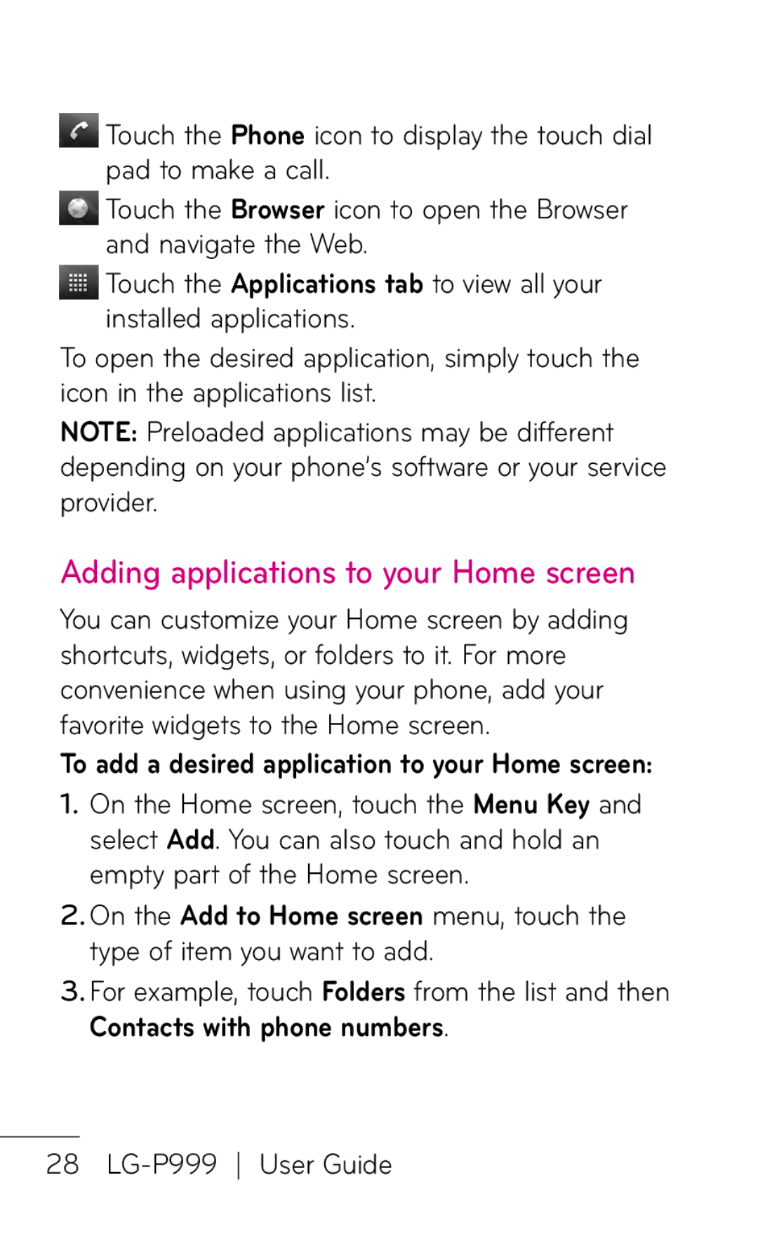 LG Electronics P999 manual Adding applications to your Home screen 