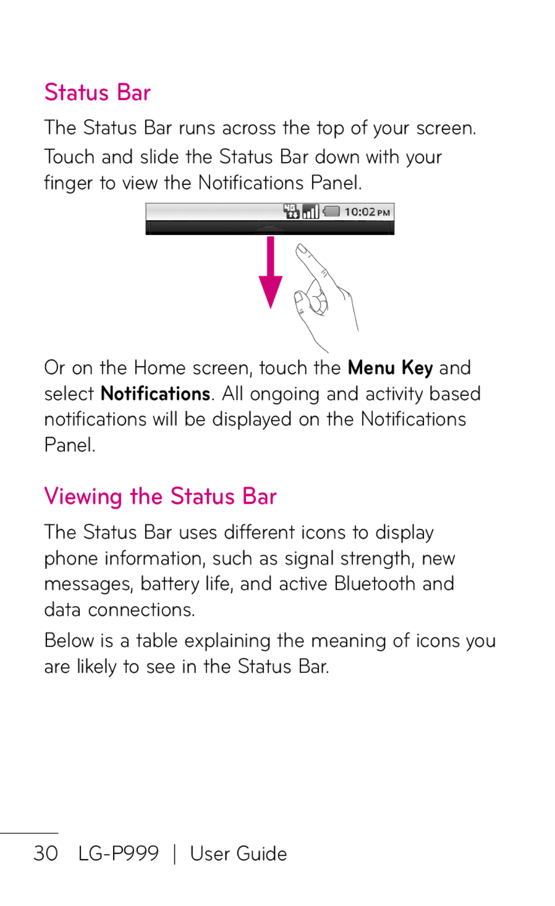 LG Electronics P999 manual Viewing the Status Bar 