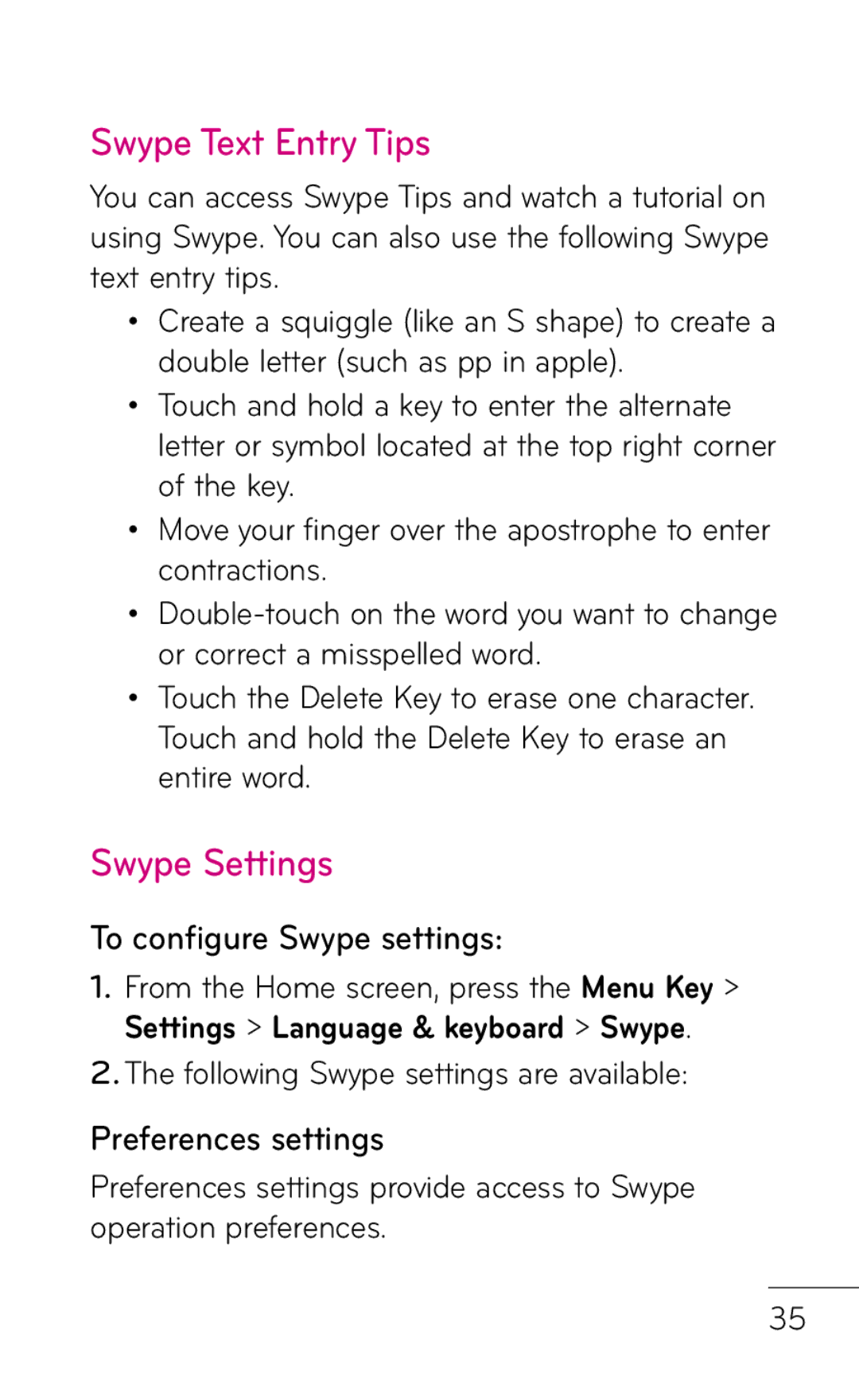 LG Electronics P999 manual Swype Text Entry Tips, Swype Settings, To configure Swype settings, Preferences settings 