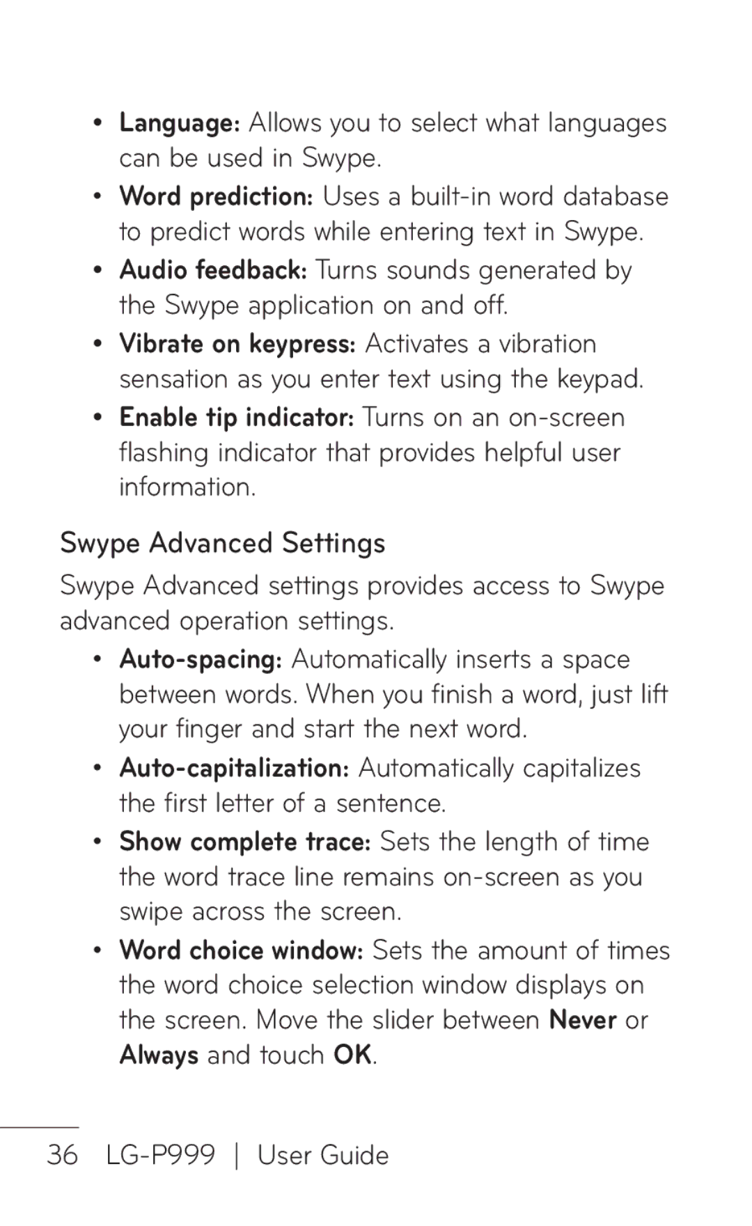 LG Electronics P999 manual Swype Advanced Settings 