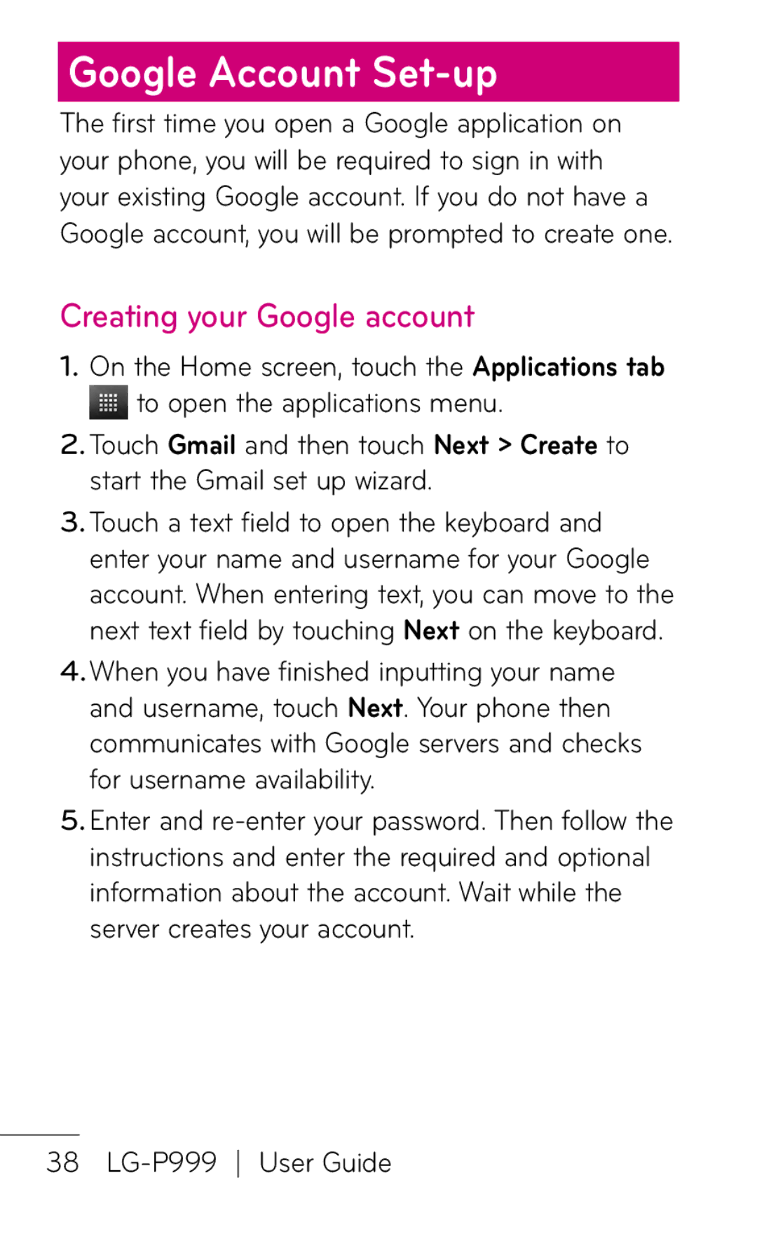 LG Electronics P999 manual Google Account Set-up, Creating your Google account 