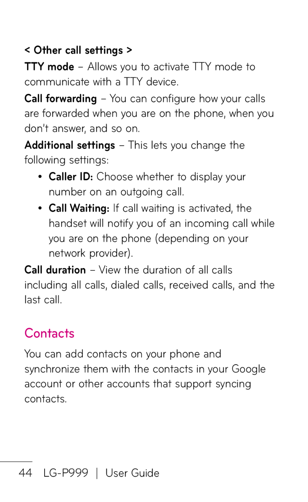 LG Electronics P999 manual Contacts, Other call settings 