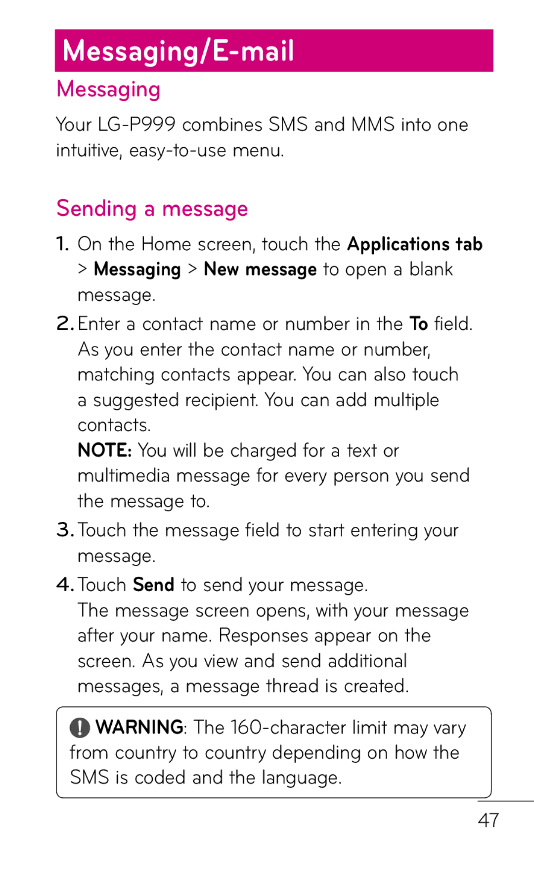 LG Electronics P999 manual Messaging/E-mail, Sending a message 