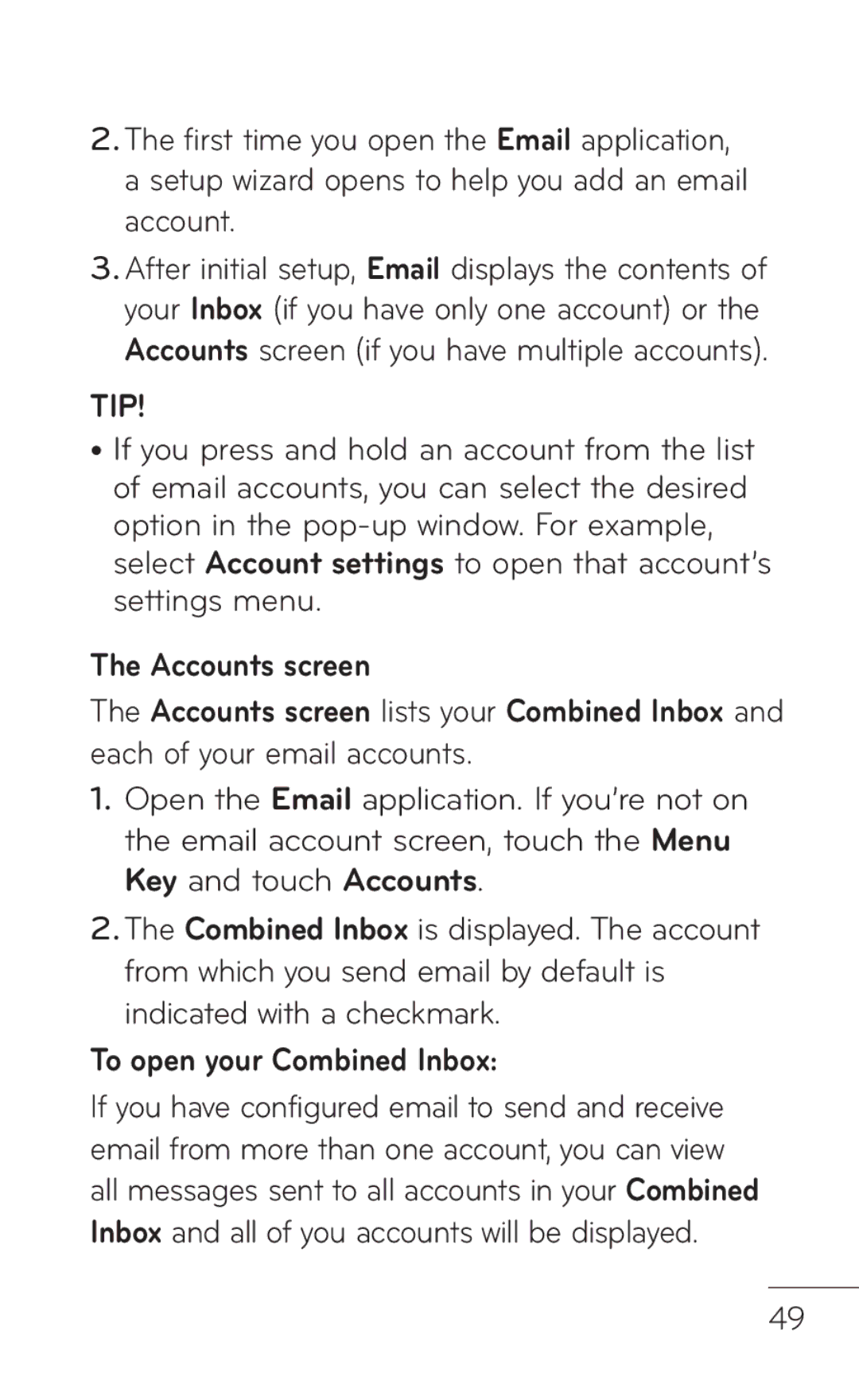 LG Electronics P999 manual Accounts screen, To open your Combined Inbox 