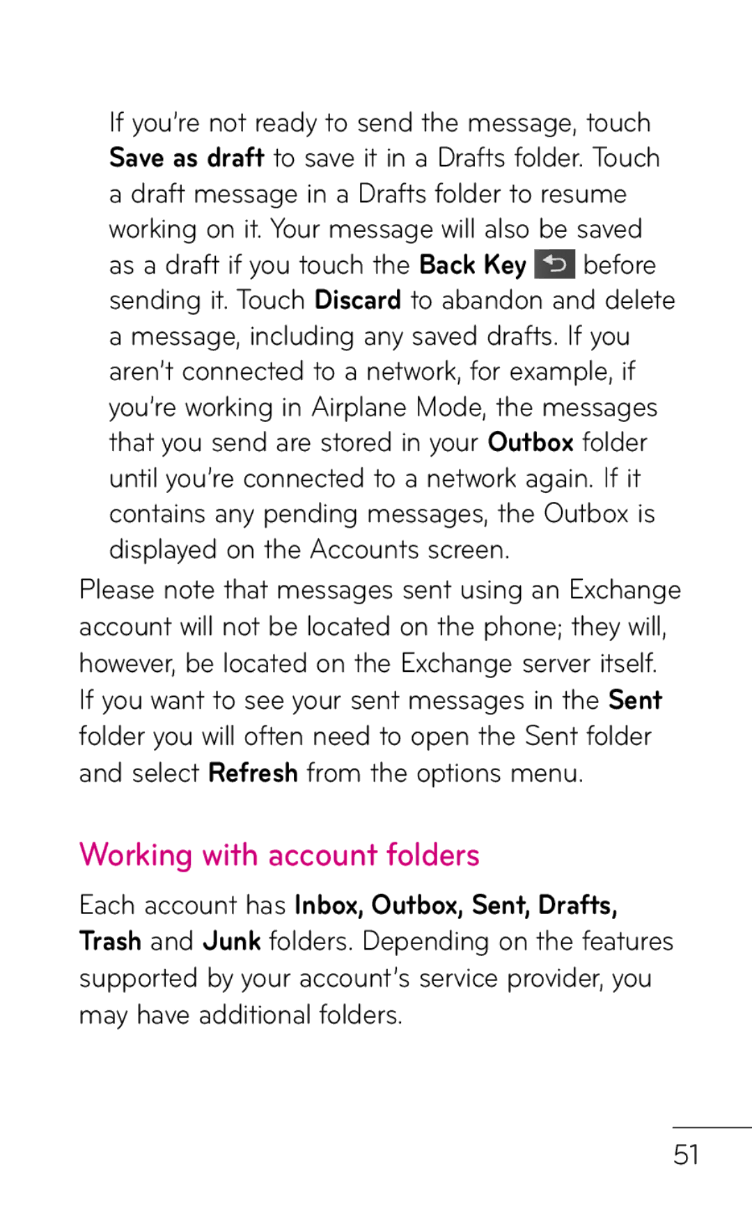 LG Electronics P999 manual Working with account folders, Each account has Inbox, Outbox, Sent, Drafts 