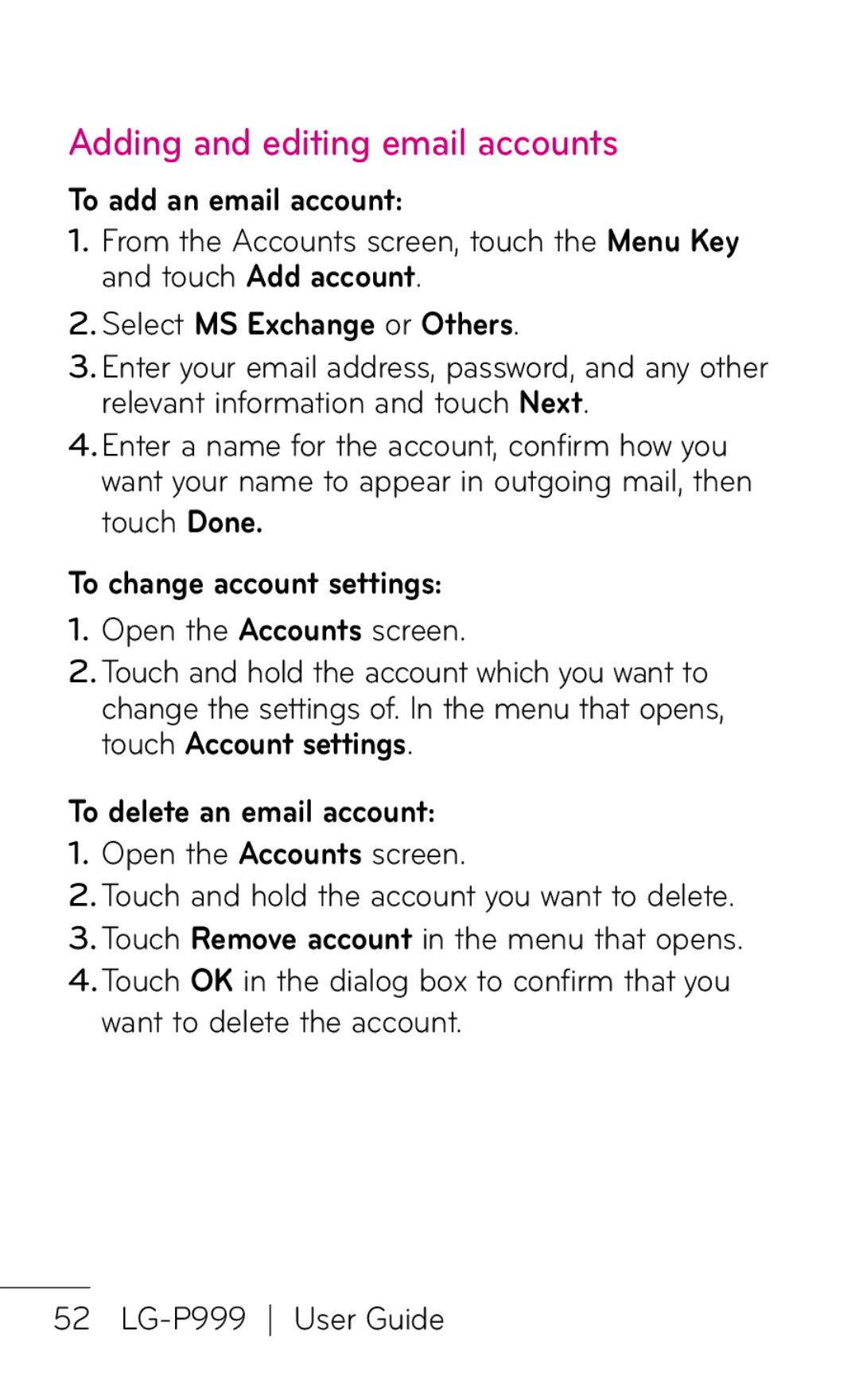 LG Electronics P999 manual Adding and editing email accounts, To add an email account, Select MS Exchange or Others 