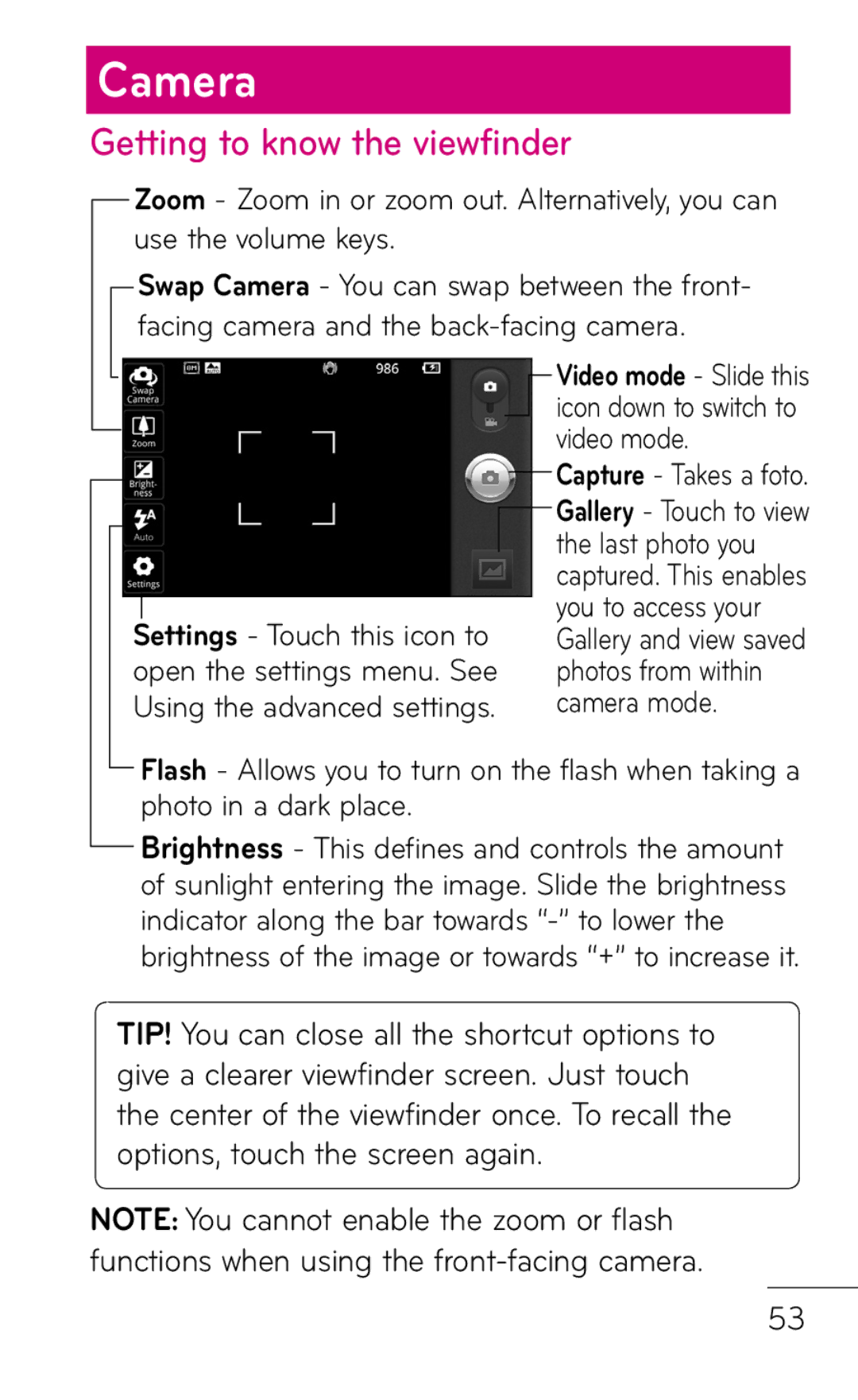 LG Electronics P999 manual Camera, Getting to know the viewfinder 